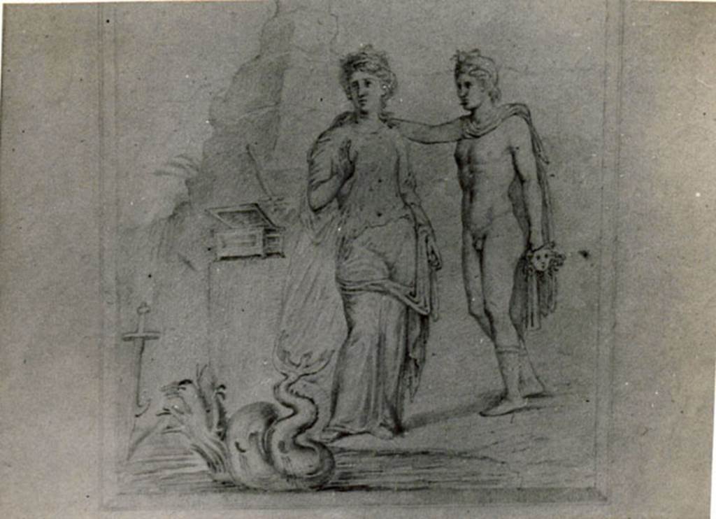 I.3.25 Pompeii. 1935 photograph taken by Tatiana Warscher of a 1871 reproduction of a design belonging to DAI.
Perseus and Andromeda, from the east wall of the cubiculum.
See Warscher, T, 1935: Codex Topographicus Pompejanus, Regio I, 3: (no.67), Rome, DAIR, whose copyright it remains.
See Bragantini, de Vos, Badoni, 1981. Pitture e Pavimenti di Pompei, Parte 1. Rome: ICCD. (p.8).