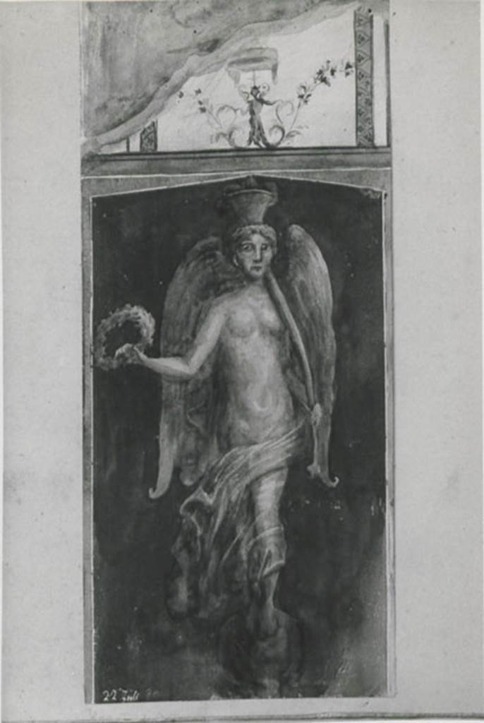 I.3.25 Pompeii. 1935 photograph taken by Tatiana Warscher of a reproduction of a watercolour belonging to DAIR.  Nike (Victory) with yellow transparent wings, on a red background, found on the south-west pilaster of the peristyle. According to Warscher, on a clear day you could still see some traces of this fresco, which if it had been removed, it would be one of the most interesting paintings of the National Museum. Warscher stated that Fiorelli made a mistake in his description of the location of the finding of this painting.
She said the mistake by Fiorelli had been observed by Sogliano and Mau, and that the German Institute had an example of �Descrizione� by Fiorelli, with points and corrections by Mau.
See Warscher, T, 1935: Codex Topographicus Pompejanus, Regio I, 3: (no.64), Rome, DAIR, whose copyright it remains.  
See Sogliano, A., 1879. Le pitture murali campane scoverte negli anni 1867-79. Napoli: Giannini. (p.72, no.430) 
