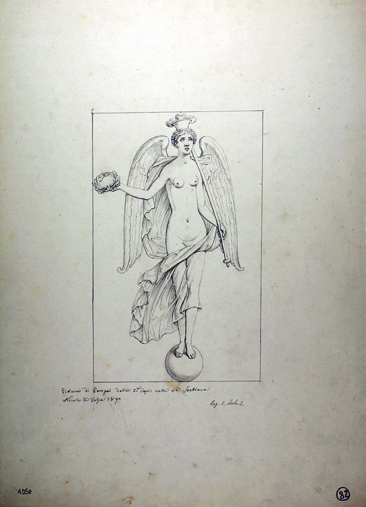 I.3.25 Pompeii. Drawing by Nicola La Volpe, 1870, of painting of Nike (Victory) from the east fa�ade of the south-west pilaster of peristyle.
(see Sogliano 430, above.)
Now in Naples Archaeological Museum. Inventory number ADS 8.
Photo � ICCD. http://www.catalogo.beniculturali.it
Utilizzabili alle condizioni della licenza Attribuzione - Non commerciale - Condividi allo stesso modo 2.5 Italia (CC BY-NC-SA 2.5 IT)
