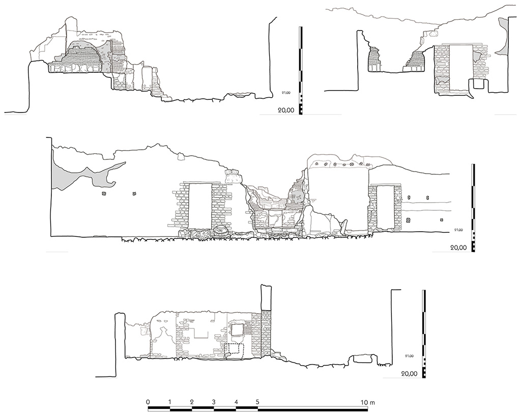 Fig. 10 � Pomp�i, boulangerie I 3, 27 � Coupes longitudinale et transversale du four (en haut) ; salle des meules, �l�vation sud (au milieu) ; salle du p�trin, �l�vation occidentale (en bas).
�chelle : 1/100.
Relev� / dessin : F. Fouriaux / S. Mencarelli � EFR. Utilisation soumise � CC-BY-NC-SA 4.0
