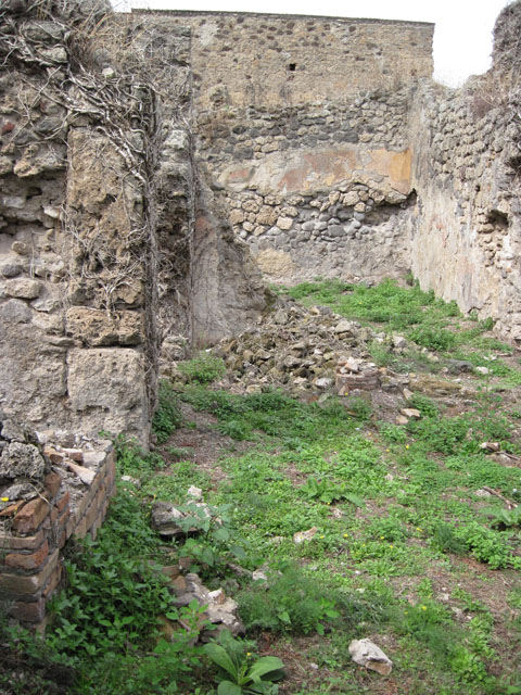I.3.30 Pompeii. September 2010. Looking north from entrance corridor towards peristyle area. Photo courtesy of Drew Baker.
According to Jashemski, “the peristyle garden of this small house without an atrium (excavated 1872) was to the right of the north end of the entrance passageway. The garden was enclosed on the west, north, and on part of the south sides by a portico supported by columns joined by a low wall”.  See Jashemski, W. F., 1993. The Gardens of Pompeii, Volume II: Appendices. New York: Caratzas. (p.28)
