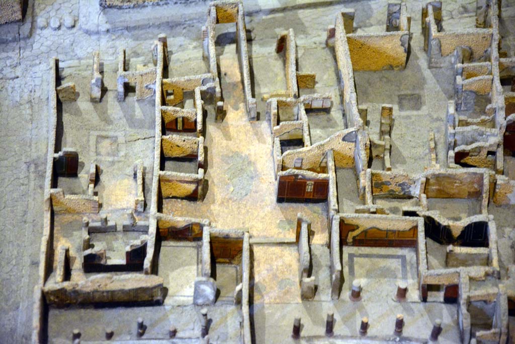 I.4.2 Pompeii, on left. October 2019. Looking west from rear rooms. On left is Vicolo del Menandro, 1.4.2 is on the right of the roadway.  
Foto Tobias Busen, ERC Grant 681269 D�COR.
