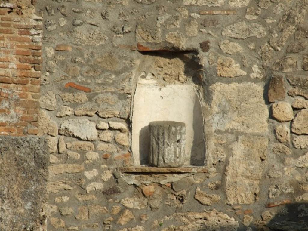 I.4.9 Pompeii. December 2007. Niche on east wall. Boyce said, in the centre of the east wall of the Viridarium is an arched niche, which Fiorelli called la nicchia de� Penati.
See Boyce G. K., 1937. Corpus of the Lararia of Pompeii. Rome: MAAR 14. (p. 24). 
