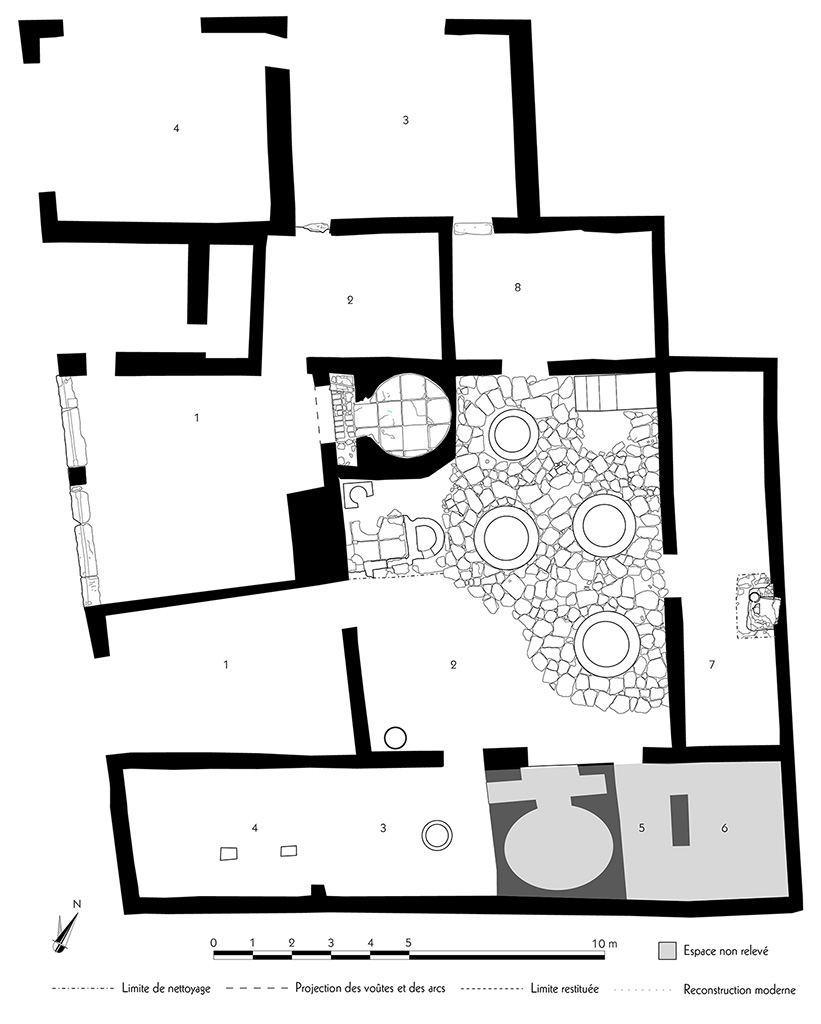 Fig. 13 � Pomp�i, boulangeries I 4, 12 et I 4, 13-17 � Relev� des deux boulangeries.
�chelle : 1/100.
Relev� / dessin : N. Monteix / S. Mencarelli � EFR. Utilisation soumise � CC-BY-NC-SA 4.0