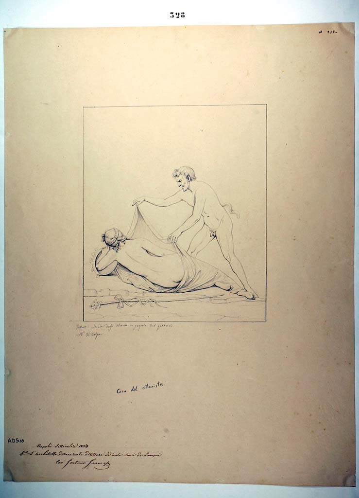 I.4.25 Pompeii. Room 50, centre of north wall. 
Drawing by Nicola La Volpe, 1859, of Satyr and Maenad seen in centre of north wall, but now completely faded.
See Helbig, W., 1868. Wandgem�lde der vom Vesuv versch�tteten St�dte Campaniens. Leipzig: Breitkopf und H�rtel, (542)
Now in Naples Archaeological Museum. Inventory number ADS 39.
Photo � ICCD. https://www.catalogo.beniculturali.it
Utilizzabili alle condizioni della licenza Attribuzione - Non commerciale - Condividi allo stesso modo 2.5 Italia (CC BY-NC-SA 2.5 IT)

