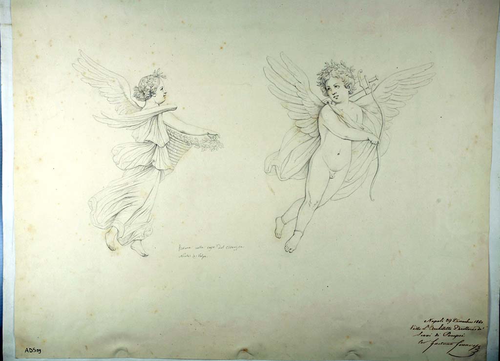 I.4.25 Pompeii. Room 37, panel with flying figures of Psyche and a Cupid. 
The decoration on the walls has now faded away. 
Now in Naples Archaeological Museum. Inventory number ADS 59.
Photo � ICCD. http://www.catalogo.beniculturali.it
Utilizzabili alle condizioni della licenza Attribuzione - Non commerciale - Condividi allo stesso modo 2.5 Italia (CC BY-NC-SA 2.5 IT)
