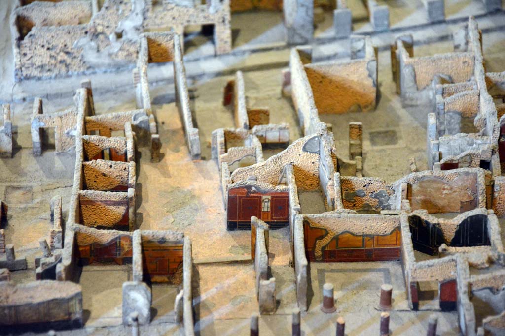 I.4.25/1.4.5 Pompeii. May 2019. Detail from model in Naples Archaeological Museum.
Looking west from above Middle Peristyle 17, lower centre, and Tablinum14 leading into atrium of I.4.5, centre left.
Foto Tobias Busen, ERC Grant 681269 D�COR.
