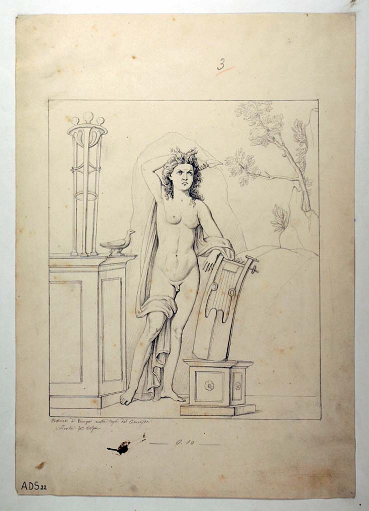 I.4.25 Pompeii. Room 23, east wall of cubiculum. 
Drawing by Nicola La Volpe of painting of Apollo and his lyre.
The painting was left in situ, and is in a bad state of preservation today, but still recognisable.
Now in Naples Archaeological Museum. Inventory number ADS 22.
Photo � ICCD. http://www.catalogo.beniculturali.it
Utilizzabili alle condizioni della licenza Attribuzione - Non commerciale - Condividi allo stesso modo 2.5 Italia (CC BY-NC-SA 2.5 IT)

