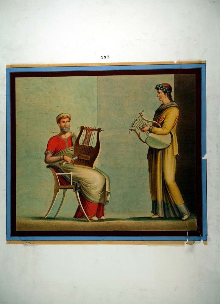 I.4.25 Pompeii. Room 23, south wall of cubiculum. 
Painting by Nicola La Volpe, of above drawing of painting of Pindar and Corinna.
Now in Naples Archaeological Museum. Inventory number ADS 24.
Photo � ICCD. http://www.catalogo.beniculturali.it
Utilizzabili alle condizioni della licenza Attribuzione - Non commerciale - Condividi allo stesso modo 2.5 Italia (CC BY-NC-SA 2.5 IT)

