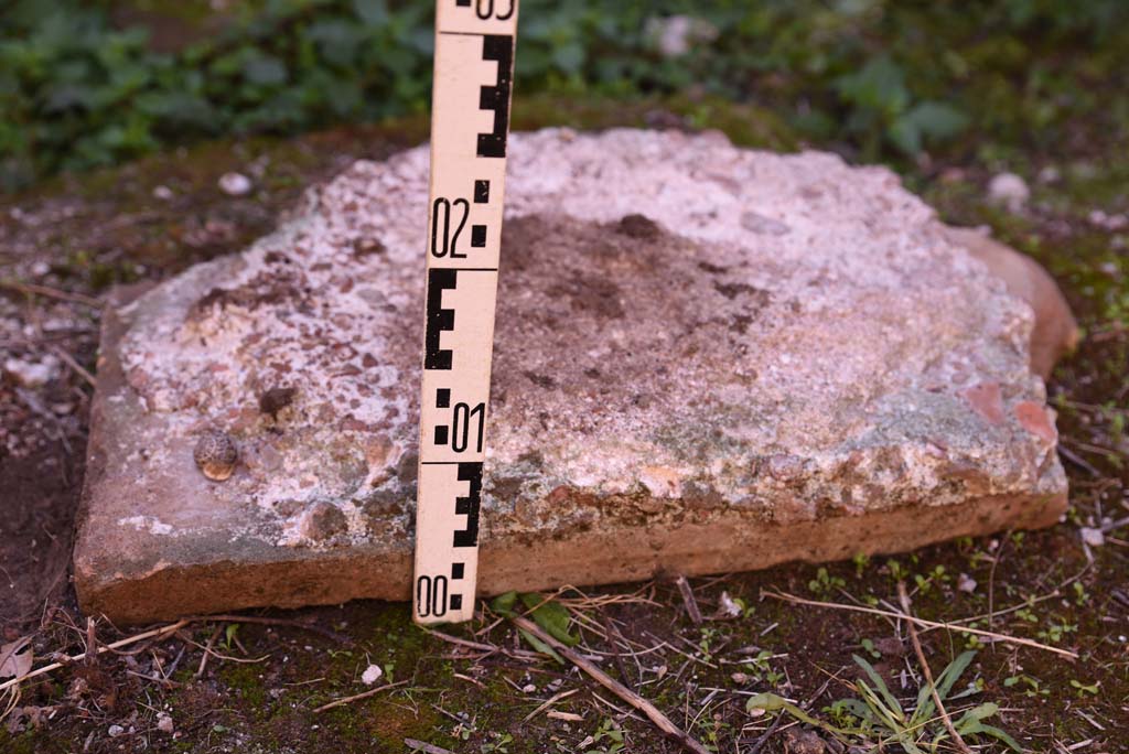 I.4.25/I.4.5 Pompeii. October 2019. Tepidarium 40, detail of height of terracotta slab/tile in south-east corner.
Foto Tobias Busen, ERC Grant 681269 D�COR.

