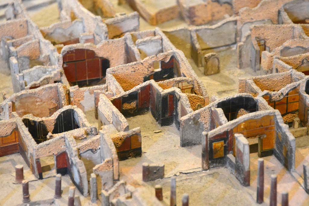 I.4.25 Pompeii. May 2019. Detail from model in Naples Archaeological Museum.
West end of Upper Peristyle 56, lower centre, with room 57, in centre with room 52, centre right.
Foto Tobias Busen, ERC Grant 681269 D�COR.
