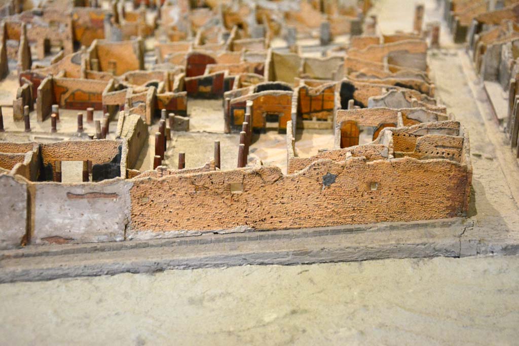 Vicolo del Citarista, north end, Pompeii. May 2019. 
Detail from model of wall on west side of roadway, side wall of I.4.27 and I.4.5/25.
Foto Tobias Busen, ERC Grant 681269 D�COR.
