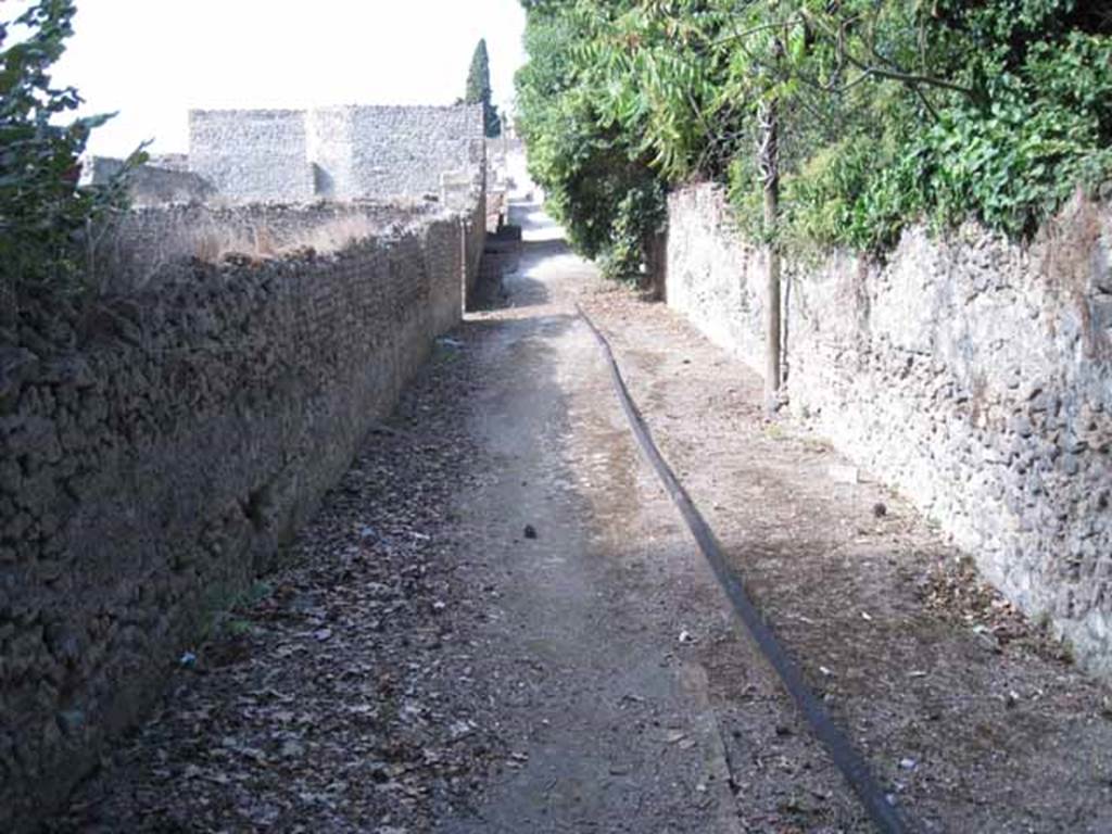 I.5.3 Pompeii. September 2010. Looking north along Vicolo del Citarista, with entrance doorway in the wall, on the left. Photo courtesy of Drew Baker.