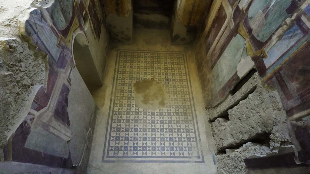 I.6.2 Pompeii. August 2021. Looking down on mosaic floor in frigidarium. Photo courtesy of Robert Hanson.