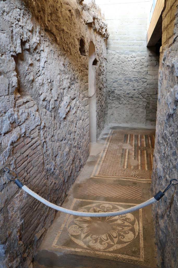 I.6.2 Pompeii. December 2018. Small doorway in east wall of east wing of cryptoporticus.
Looking east across ornate muti-coloured mosaic floors of anteroom, apodyterium or changing room, towards arched doorway to frigidarium, in centre. 
Photo courtesy of Aude Durand.

