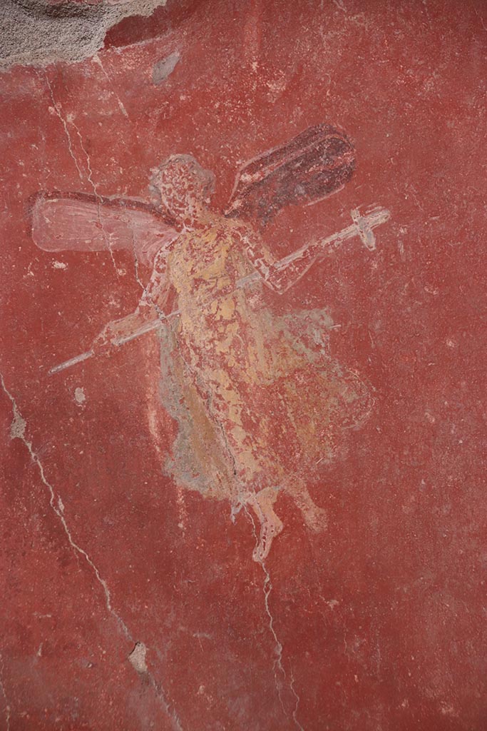 I.6.4 Pompeii.  March 2009.  Room 6, Upper south wall. West end. Both the South and North walls show an uncompleted painted wall.  The upper wall is finished, but the lower area only shows the plaster, which is still waiting for its decoration.  The painters were interrupted.  See De Carolis, E., 2001. Gods and Heroes in Pompeii.  Roma: Bretschneider.  (p.31, T:27, 28).
