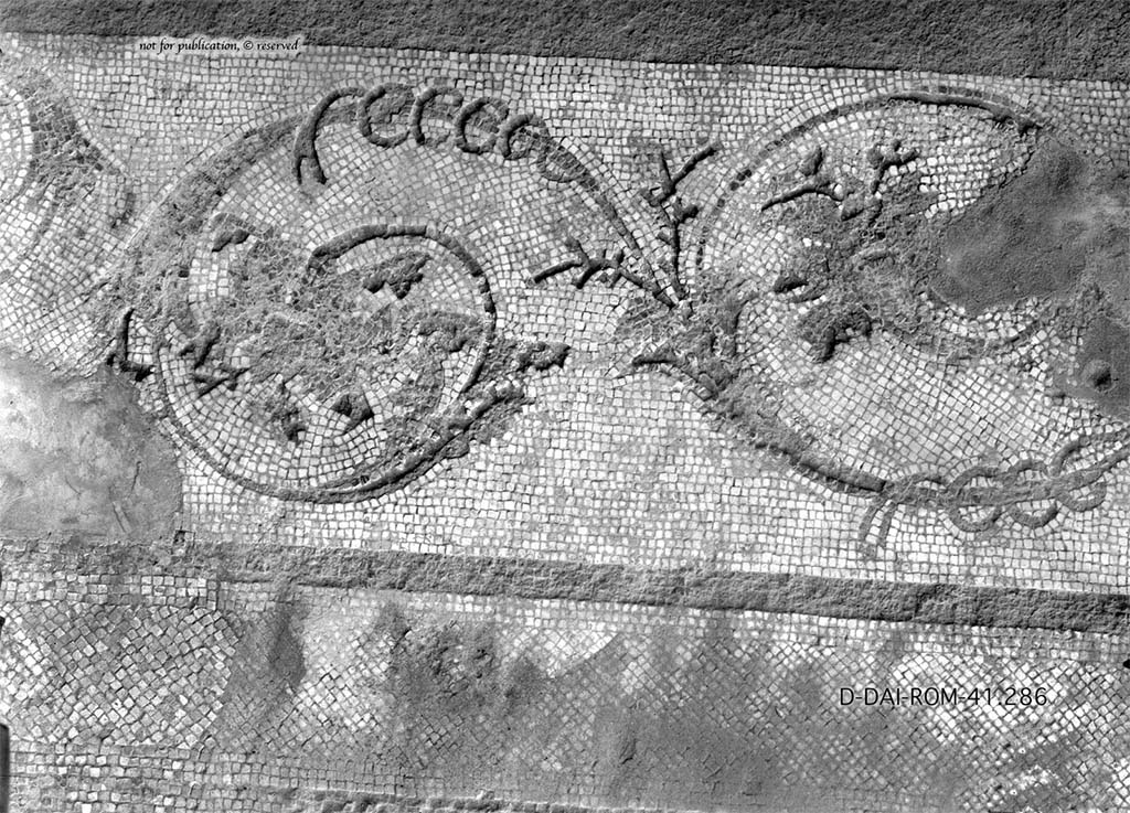 I.6.4 Pompeii. Before 1938. Room 11, mosaic floor spirals.
DAIR 41.286. Photo © Deutsches Archäologisches Institut, Abteilung Rom, Arkiv.
See Pernice, E. 1938. Pavimente und Figürliche Mosaiken: Die Hellenistische Kunst in Pompeji, Band VI. Berlin: de Gruyter, Taf. 26,3.