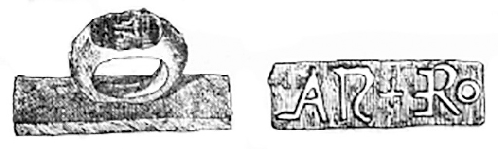 I.6.13 Pompeii. 1929. Seal found between the tablinum and the podium of the small garden. 
The drawing from NdS shows rectangular tablet, with a ring grip on the back. 
On the ring grip is a representation of a theatrical mask.
On it is the inscription STAL ERO, which Maiuri expands to Stal(lius) Ero(s).
According to Maiuri, this seal from the rubble of the house gives the name of the last owner, Stallius Eros, who lived here, before the [..earthquake?�] disaster of 63 reduced the house to a heap of ruins.
See Notizie degli Scavi di Antichit�, 1929, p. 435, figs. 46-7.
