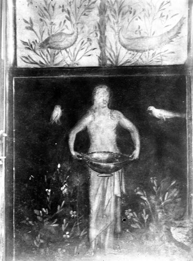 231952 Bestand-D-DAI-ROM-W.391.jpg
1.6.15 Pompeii. W.391. Room 9, small garden. Wall on west side. Picture with birds, plants and a figure holding a basin or bowl.
Photo by Tatiana Warscher. With kind permission of DAI Rome, whose copyright it remains.
See http://arachne.uni-koeln.de/item/marbilderbestand/231952