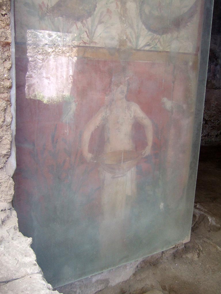I.6.15 Pompeii. May 2006.
Room 9, small garden. Wall on west side, painting with birds, plants and a figure holding a basin or bowl.