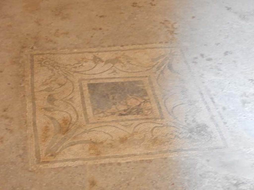 I.7.3 Pompeii. May 2016. Flooring in triclinium in beaten lavapesta decorated with white tesserae.
In the centre, the emblema is formed by a square slab of Numidian marble, and decorated around with plants
Photo courtesy of Buzz Ferebee.