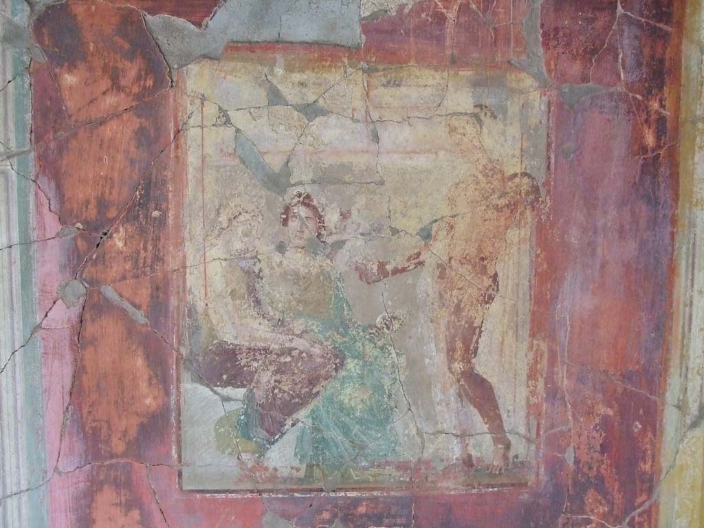 I.7.7 Pompeii. December 2006.
Centre of south wall of cubiculum, wall painting of the seduction of Helen by Paris, in the presence of Venus.