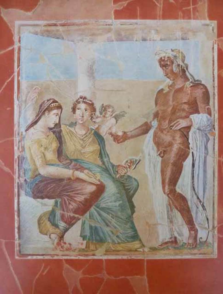 I.7.7 Pompeii. 1938. Wall painting of seduction of Helen by Paris, from centre of south wall of cubiculum, as it looked when first excavated.
According to Maiuri, it was restored from many fragments whose colour was well preserved.
See Maiuri A., 1938. La Pitture delle Case di M. Fabius Amandio, del Sacerdos Amandus, e di P. Cornelius Teges: La Pittura Ellenistico-Romana. Roma: Ist. Pol. Del Stato, p. 12, Tav. C.