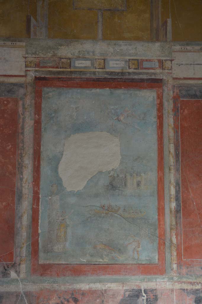 I.7.7 Pompeii. October 2019. 
Central wall painting of Daedalus and Icarus from east wall of triclinium. 
Foto Annette Haug, ERC Grant 681269 D�COR.
