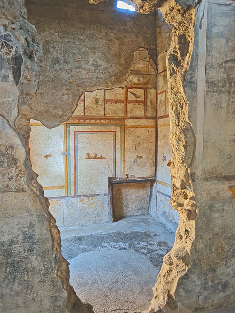 I.7.11 Pompeii. March 2024.
Looking through hole in north wall of triclinium into cubiculum. Photo courtesy of Giuseppe Ciaramella.