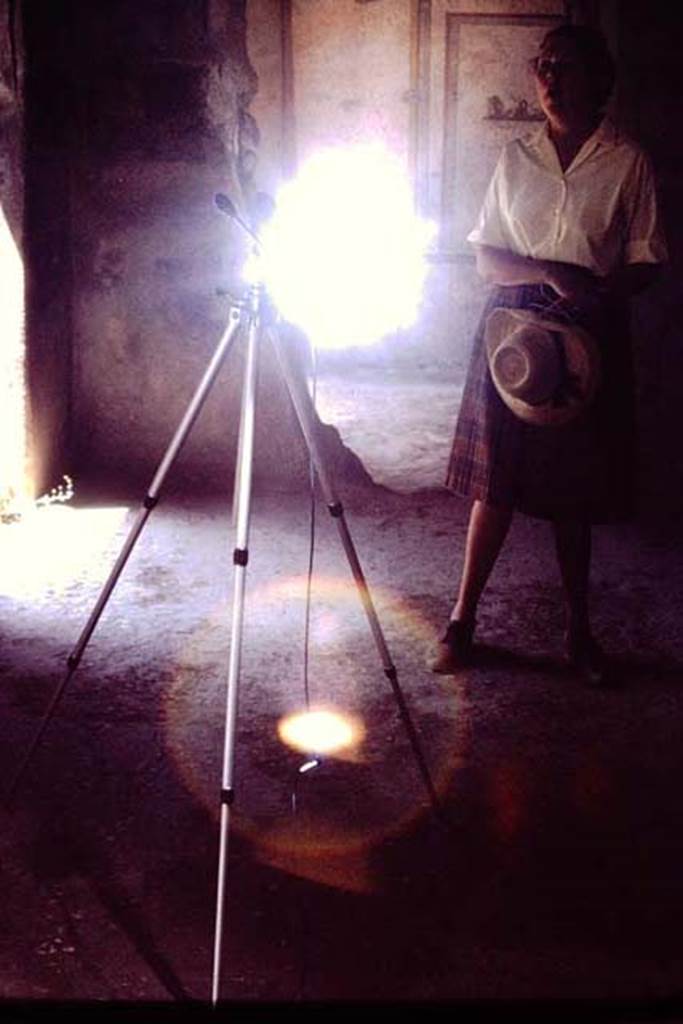 1.7.11 Pompeii. 1968. Wilhelmina standing in front of a hole in the north wall of the triclinium.
Looking towards north wall of the cubiculum on east side of atrium, through the hole in wall from triclinium.
Photo by Stanley A. Jashemski.
Source: The Wilhelmina and Stanley A. Jashemski archive in the University of Maryland Library, Special Collections (See collection page) and made available under the Creative Commons Attribution-Non Commercial License v.4. See Licence and use details.
J68f0407