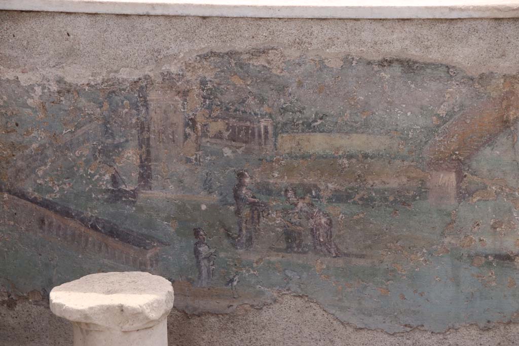 I.7.12 Pompeii. September 2021.
Detail of painted panel on inside of south end of the west side of summer triclinium. Photo courtesy of Klaus Heese.