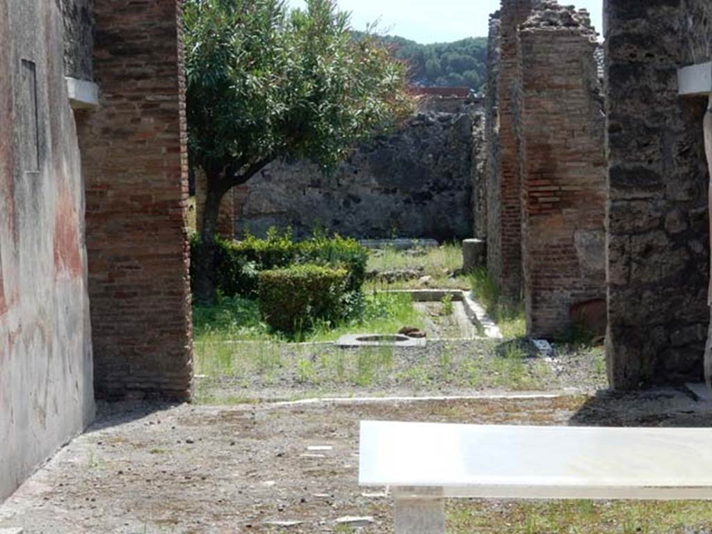 I.8.5 Pompeii. May 2015. Looking south across tablinum towards garden area.
Photo courtesy of Buzz Ferebee. Seen on the left, the east wall of the tablinum had a black zoccolo (lower portion) with painted plants with edges formed from a single line and separated by narrow geometrical compartments. The middle zone of the wall had a black central panel with a painting (now removed); the side panels were red with vignettes of painted panthers, and there was a cornice of moulded stucco; the upper zone of the wall was ruined and rough.