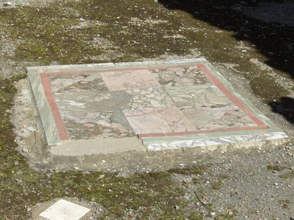 I.8.9 Pompeii. March 2009. Room 2, oecus. Looking north. Emblema in opus sectile of coloured marble in centre of floor, with remains of white marble diamond shaped pieces.