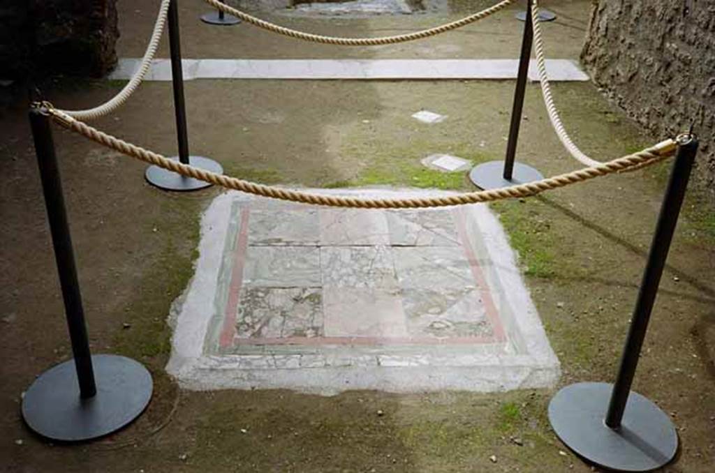 I.8.9 Pompeii. March 2010. Room 2, oecus. Looking south.
Emblema in centre of floor, with remains of white marble diamond shaped pieces.
Photo courtesy of Rick Bauer.