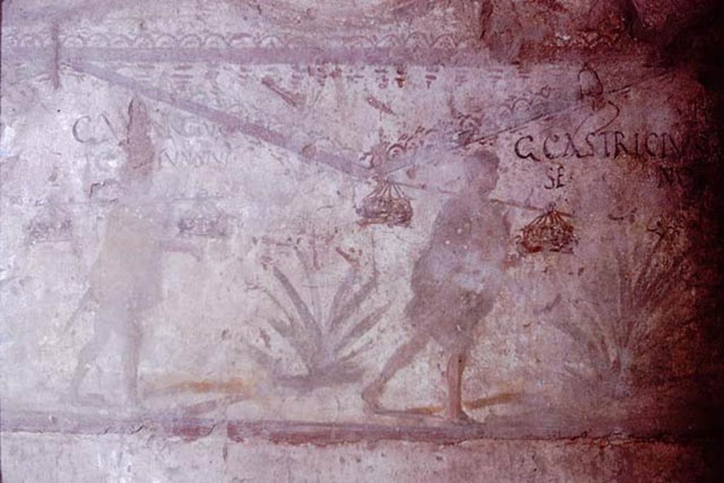 I.8.15 Pompeii. 1961. Right hand part of centre part of painted panel with inscriptions.
Now in SAP deposits. Photo by Stanley A. Jashemski.
Source: The Wilhelmina and Stanley A. Jashemski archive in the University of Maryland Library, Special Collections (See collection page) and made available under the Creative Commons Attribution-Non Commercial License v.4. See Licence and use details.
J61f0708
