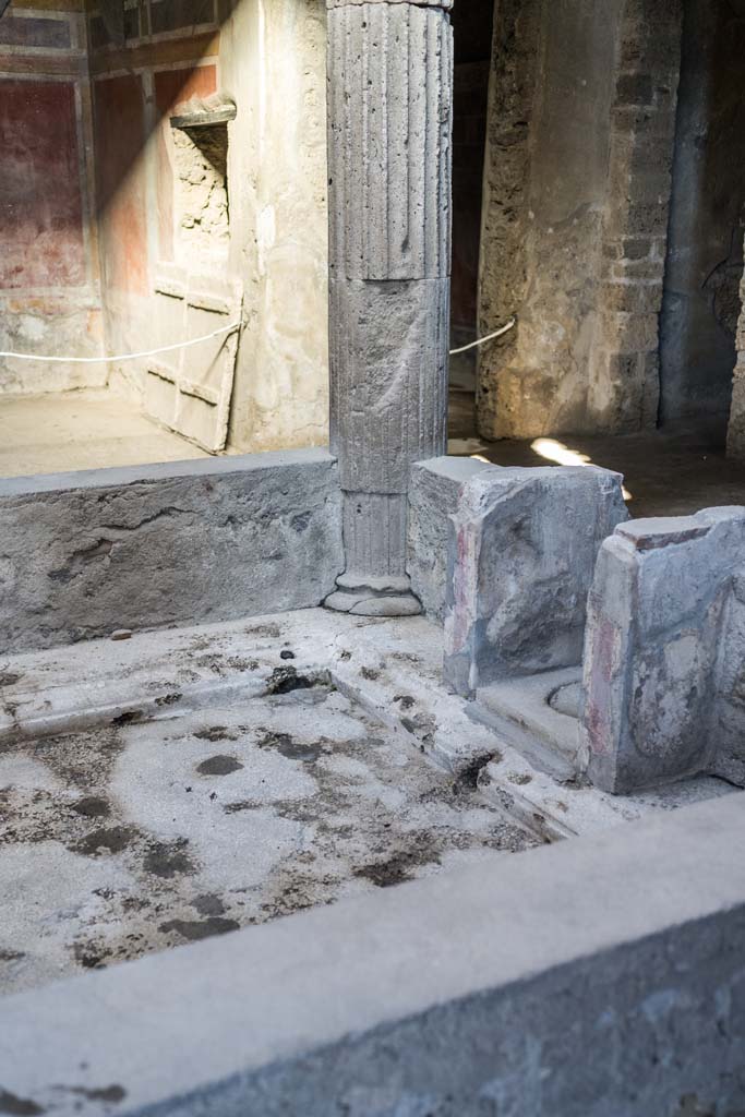 I.8.17 Pompeii. December 2021.
Looking north-east across impluvium in atrium towards Room 13, ala in centre of north side of atrium.
Photo courtesy of Johannes Eber.