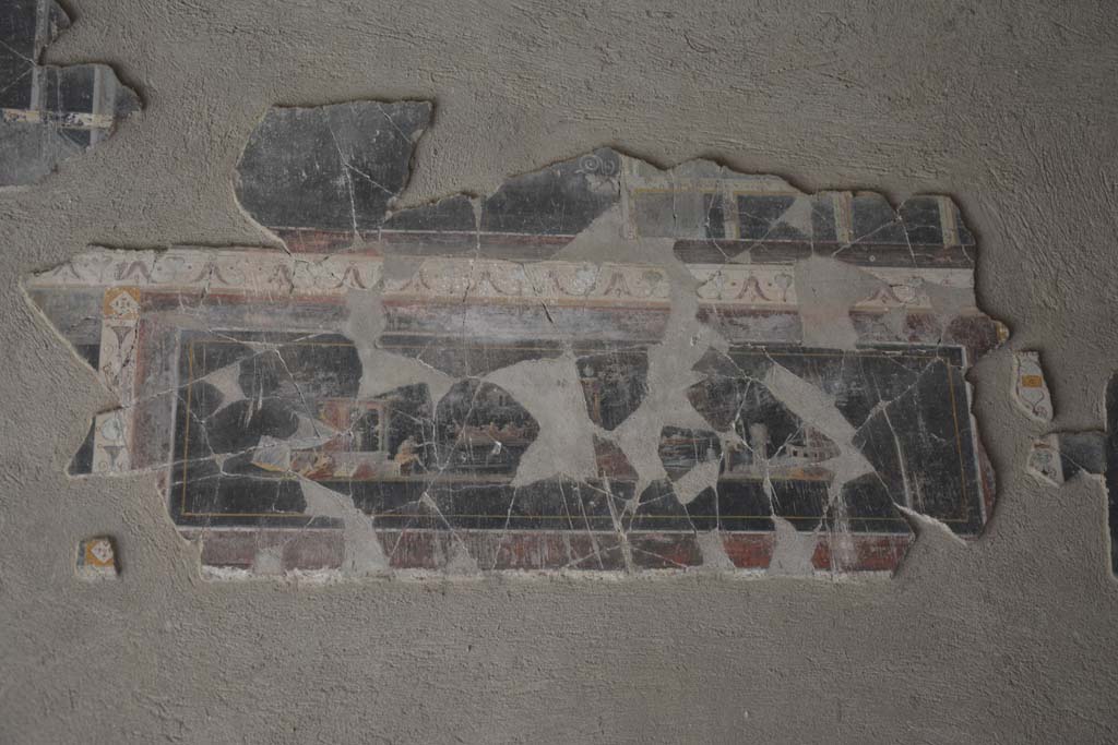 I.9.1 Pompeii. October 2019. Room 8, detail from north end of west wall of triclinium.
Foto Annette Haug, ERC Grant 681269 D�COR.
