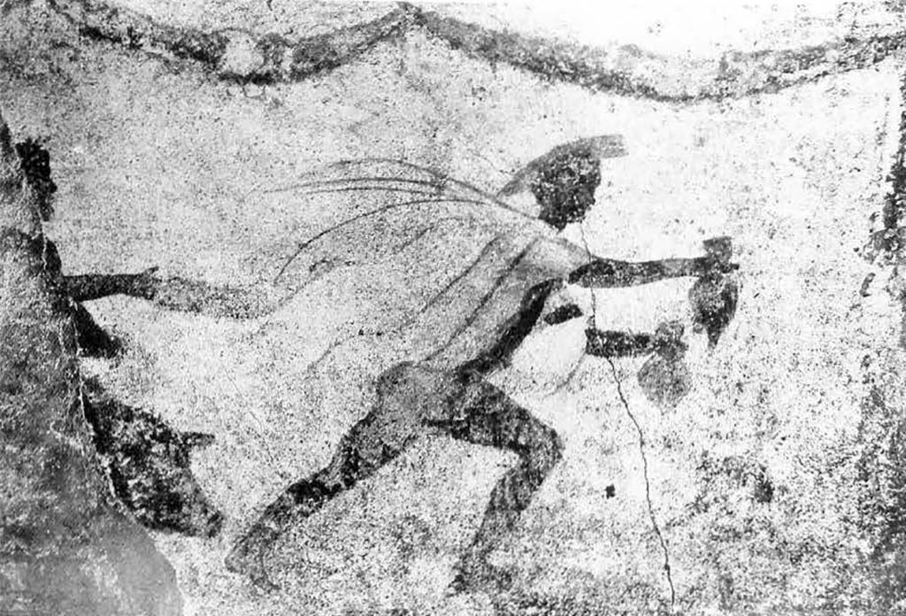 1.9.1 Pompeii. 1912. East wall of vestibule, with remains of wall painting of Mercury and Hercules.
According to Fröhlich, Hercules stands to the left, with his right arm outstretched.
Under the arm the front part of a pig was still just visible.
In the right of the painting is Mercury in short white tunic and cloak, winged helmet and ankles.
He is rushing to the right, his arms outstretched and holding two purses one in each hand.
In the missing left section was possibly Bacchus.
See Fröhlich, T., 1991. Lararien und Fassadenbilder in den Vesuvstädten. Mainz: von Zabern. (F6, and Photo 52,1).
According to Spinazzola this was a Triad which also included Bacchus (lost).
See Spinazzola V., 1953. Pompei alla luce degli Scavi Nuovi di Via dell’Abbondanza (anni 1910-1923): Vol. I. Roma: La Libreria della Stato, p.168-9.