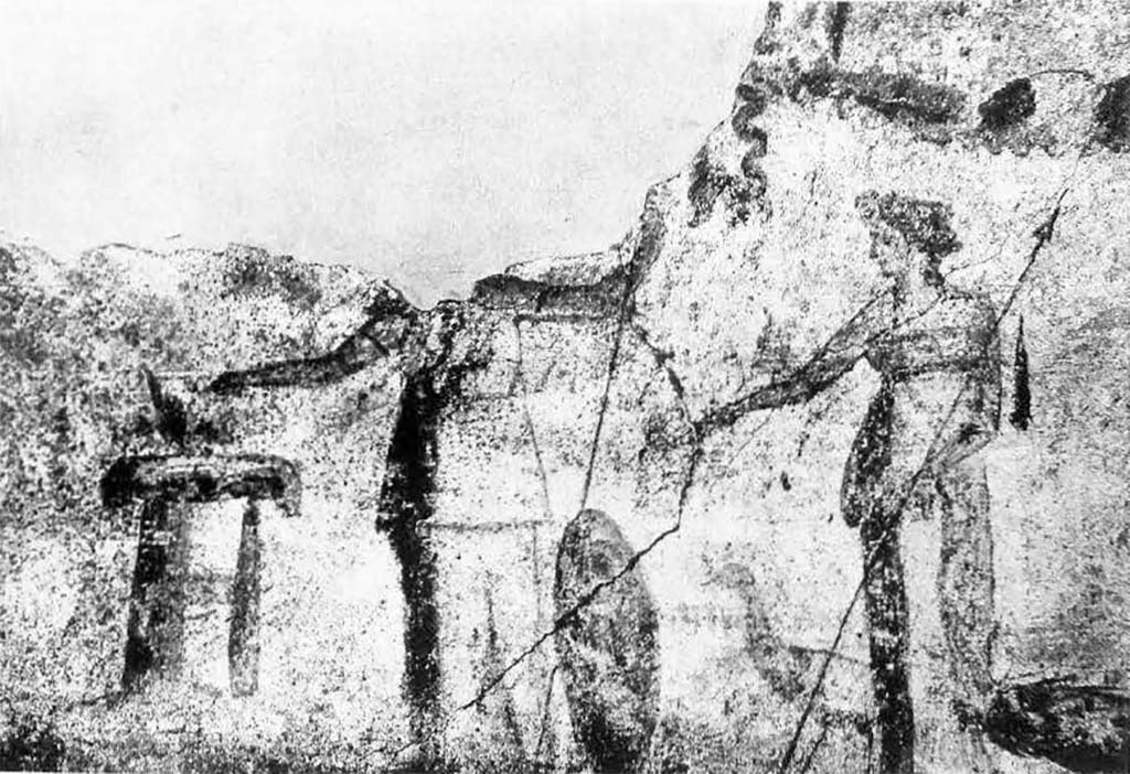 1.9.1 Pompeii. 1912. West wall of vestibule, with remains of wall painting of Juno and Minerva.
Juno is wearing a Chiton and holding the sceptre in her left hand and a patera in the right.
Behind her stands a peacock. On the extreme left stands Minerva in a long robe with a gorgon head on the breast.
A large shield is to her left, her left hand holds the lance and her right over a round altar, sacrificing.
See Fröhlich, T., 1991. Lararien und Fassadenbilder in den Vesuvstädten. Mainz: von Zabern. (F6, and Photo 52,2).
According to Spinazzola this was a Triad which also included Venus (lost).
See Spinazzola V., 1953. Pompei alla luce degli Scavi Nuovi di Via dell’Abbondanza (anni 1910-1923): Vol. I. Roma: La Libreria della Stato, p.168-9.