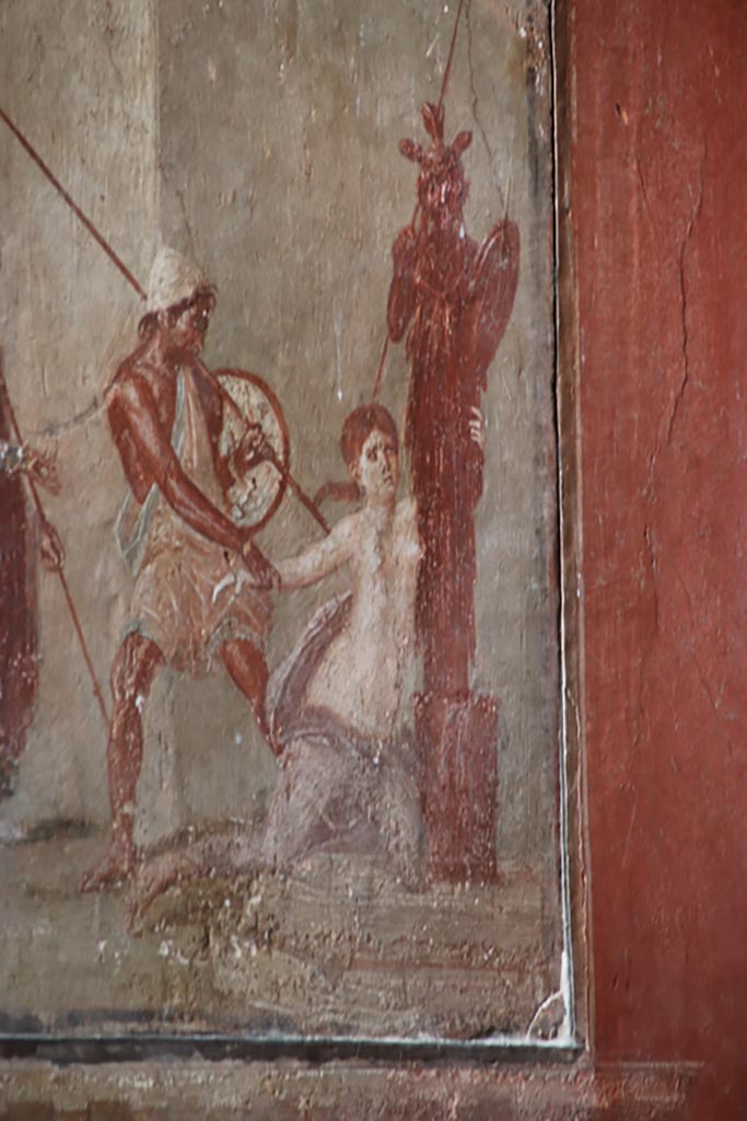 I.10.4 Pompeii. October 2023.
Room 4, north wall, detail from mythological scene showing Ajax dragging Cassandra from the Palladium before the eyes of Priam.
Photo courtesy of Klaus Heese.