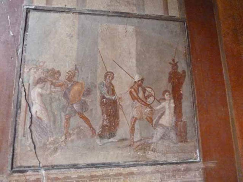 I.10.4 Pompeii. May 2010. Room 4, Wall painting. Ajax dragging Cassandra from the Palladium before the eyes of Priam. Helen and Menelaus are to the left, Priam is in the centre with Ajax dragging Cassandra who is holding the Palladium to the right. See Ling, R, La Casa del Menandro, in Menander, La Casa del Menandro di Pompei. Edited by G. Stefani. Milan: Electa, 2003 (p. 37). See Bragantini, de Vos, Badoni, 1981. Pitture e Pavimenti di Pompei, Parte 1. Rome: ICCD. (p.115).