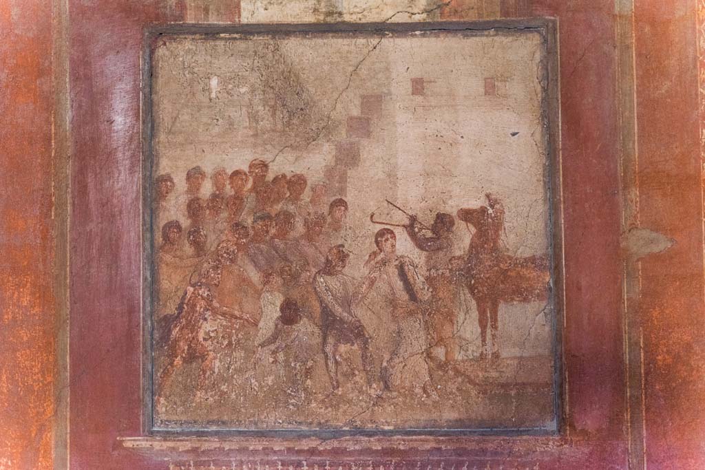 I.10.4 Pompeii. April 2022.
Room 4, wall painting of Cassandra and the wooden Trojan horse from east wall. Photo courtesy of Johannes Eber.