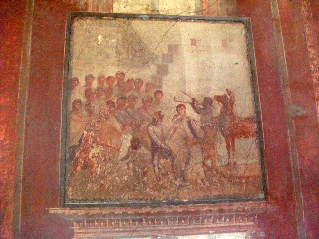 I.10.4 Pompeii. May 2010. Room 4. Wall painting of Cassandra and the wooden Trojan horse.
See Ling, R, La Casa del Menandro, in Menander, La Casa del Menandro di Pompei. Edited by G. Stefani. Milan: Electa, 2003 (p. 35).
See Bragantini, de Vos, Badoni, 1981. Pitture e Pavimenti di Pompei, Parte 1. Rome: ICCD. (p.116).