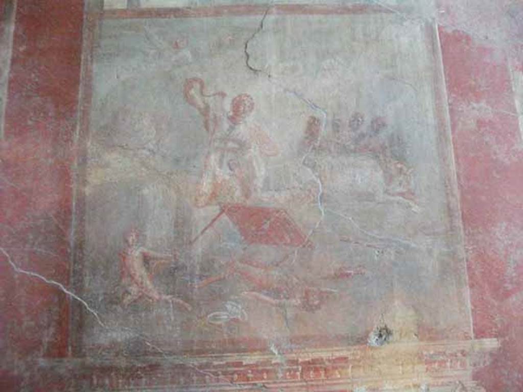 I.10.4 Pompeii. May 2010. Room 4, south wall. Wall painting of the Death of Laocoon. See Stefani, G. (Ed), 2003. Menander, la casa del Menandro di Pompei. Milan: Electa. (p. 36). See Bragantini, de Vos, Badoni, 1981. Pitture e Pavimenti di Pompei, Parte 1. Rome: ICCD. (p.116).