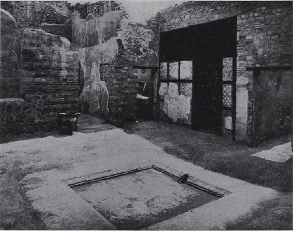 I.10.8 Pompeii. Looking towards south-east corner of atrium, and doorway to room 8, tablinum.
According to NdS, this room was not the tablinum but was a day-bedroom (cubicolo diurno). The room obtained by a screen of opus craticium with wood and masonry was an almost square day-room, in which found on the rustic floor in the ash was an imprint of the shape of a low and wide bed with wooden frame. 

Il vano ricavato da un tramezzo ad opus craticium ad ossatura di legno e di fabbrica era un cubicolo diurno quasi quadrato; nel quale sul rustico pavimento a piano di fabbrica era rimasta conservata nella cenere l�impronta di un basso e largo letto a telaio di legno.

See Notizie degli Scavi, 1934, p. 312-3, fig. 25.
