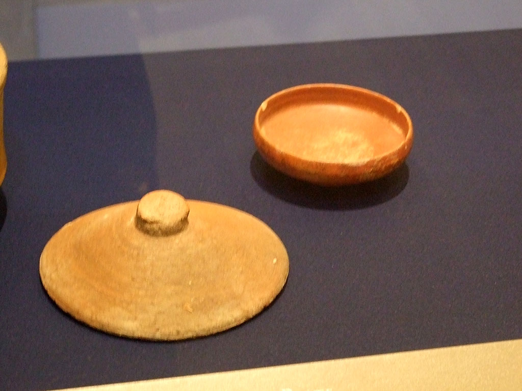 I.10.4 Pompeii. Found on 29th April 1932. Third room to south of entrance with amphorae.
Terra sigillata plate (on right). SAP inventory 4927.
Photographed at �A Day in Pompeii� exhibition at Melbourne Museum. September 2009.
