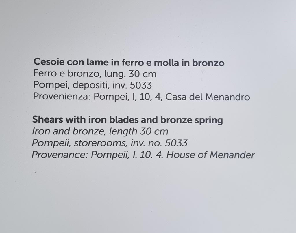 I.10.16 Pompeii, but on display in I.5.2 Pompeii. December 2023. 
Descriptive notice-card, on display in tannery, but provenanced from I.10.16, room 43. Photo courtesy of Miriam Colomer.

