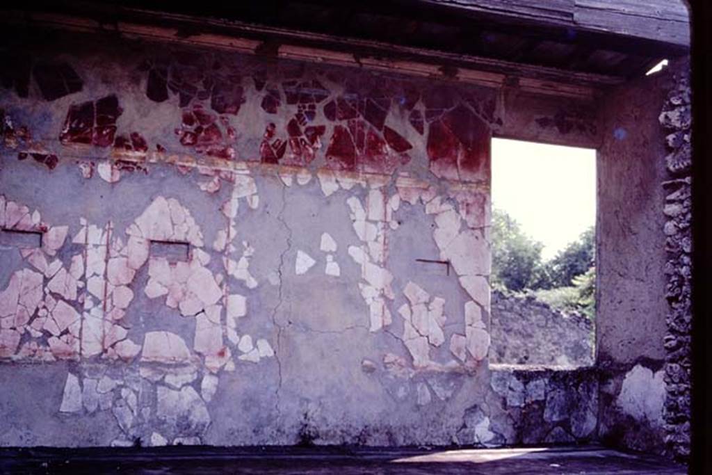I.10.18 Pompeii. 1980 or 1983. East wall with window in room on upper floor.
The zoccolo was black and sprinkled with red, the middle zone had red panels separated by narrow black compartments, containing small paintings (removed), and the upper zone of the wall was red.
Source: The Wilhelmina and Stanley A. Jashemski archive in the University of Maryland Library, Special Collections (See collection page) and made available under the Creative Commons Attribution-Non Commercial License v.4. See Licence and use details. J80f0561