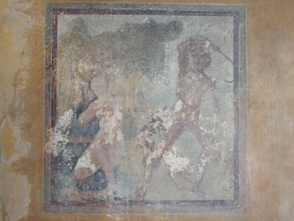 I.11.6 Pompeii. March 2009. Room 7, east wall of triclinium. Wall painting of Acteon and Artemis, or Diana. See Bragantini, de Vos, Badoni, 1981. Pitture e Pavimenti di Pompei, Parte 1. Rome: ICCD. Page 155.