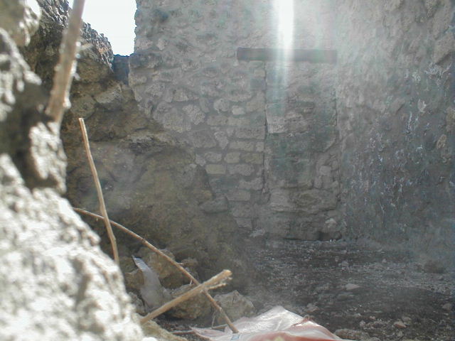 I.11.8 Pompeii. December 2006. Looking north-west across atrium towards doorway at I.11.5. On the right of the picture are two niches one above the other in the wall to east of entrance corridor. On the left is a painted niche in the west wall

